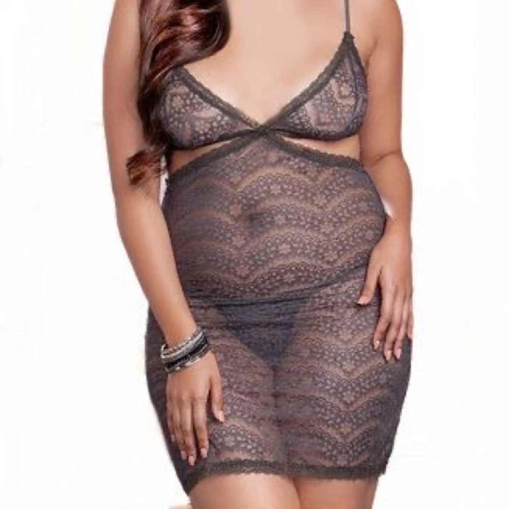 iCollection Cut Away Soft Stretch Lace Fitted Chemise Set. Gray. Plus size 2X